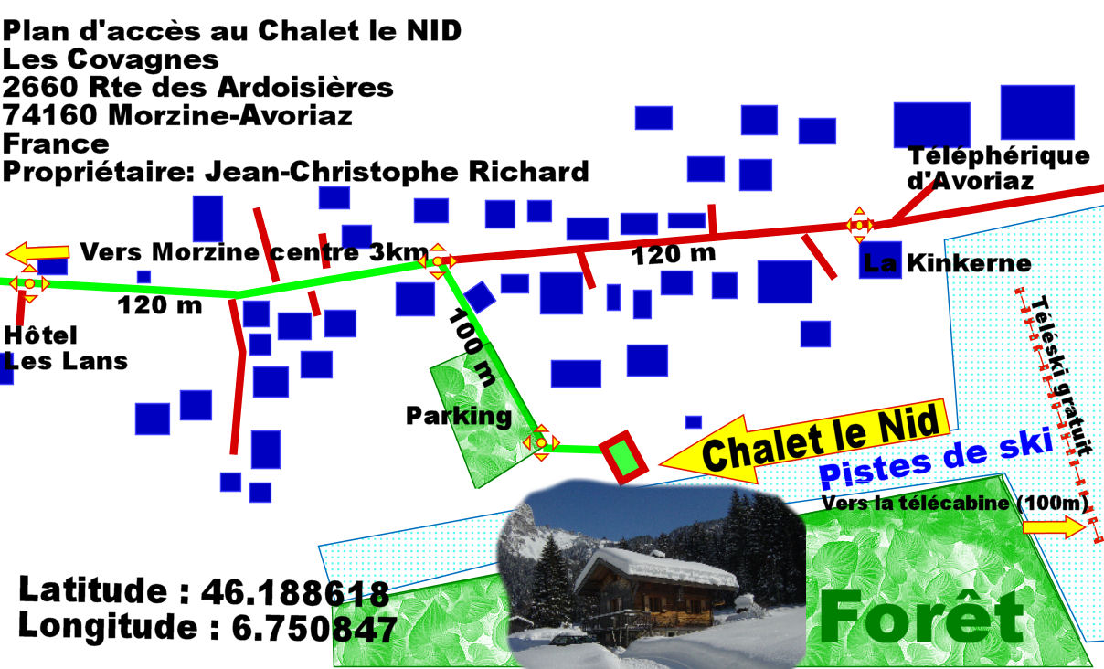 Plan d'acces au chalet le Nid, aux Covagnes, dans la valle des Ardoisires,  Morzine, France.