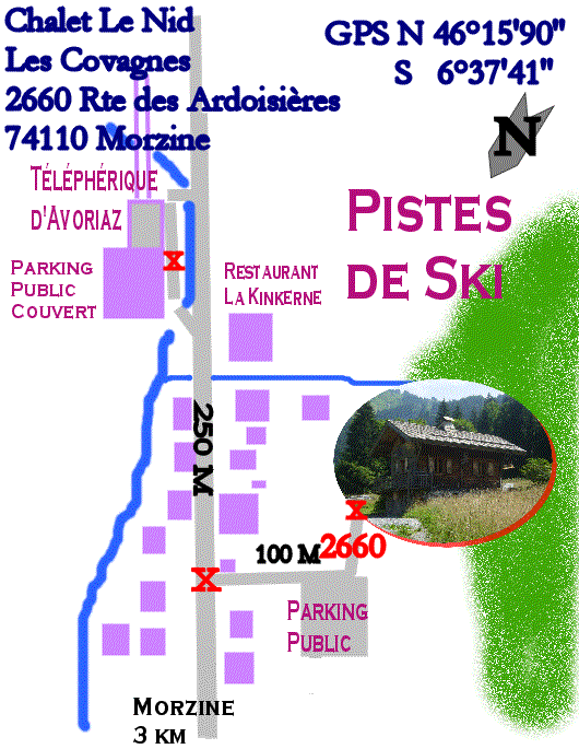 Plan d'acces au chalet le Nid, aux Covagnes, dans la vall�e des Ardoisi�res, � Morzine, France.